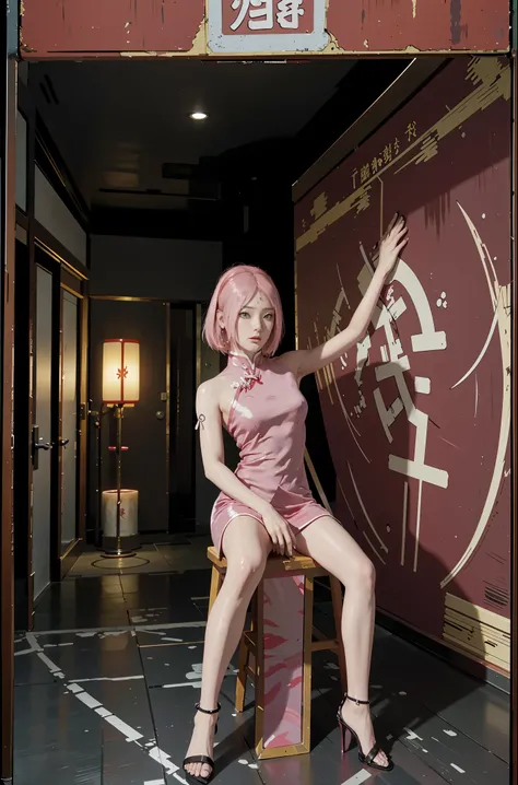 A sexy and seductive lady，High-forked cheongsam，Gorgeous cheongsam，stiletto heels，naked leg，Teasing expressions，sit on throne，streaked pink hair，pink hair，MAKEUP，anime styled，Chinese court，Chinese feeling，lanterns，Chinese knot，Ultra high definition，Masterp...