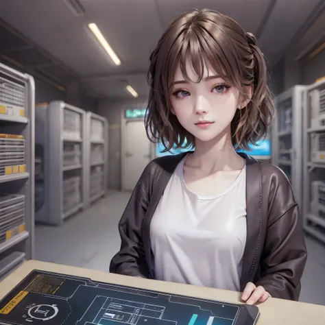 (full bodyesbian:1) A young girls, smart casual, Hackers server room, 详细的脸, ((Cool expression)), (Short straight hair with thin bangs:1.2), hyperedetailed photo, (realisticlying), (Complicated details:1),(tmasterpiece :1), (Best quality at best:1), 超高分辨率, ...