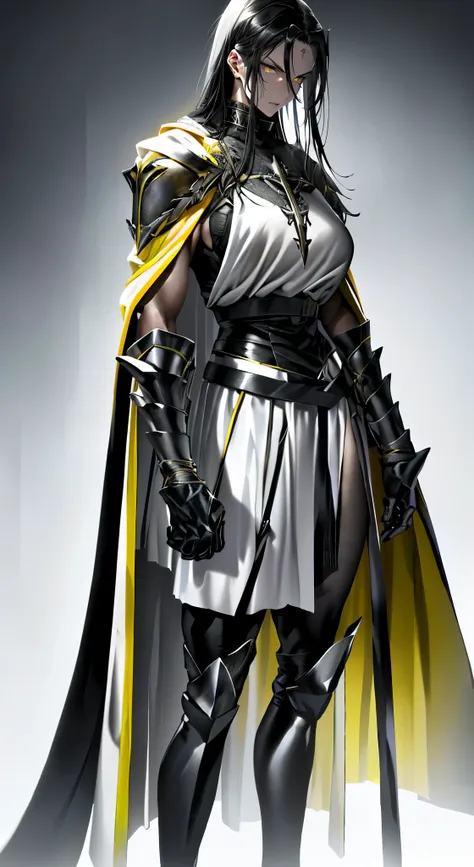 girl (1girl muscular grey background pale skin bodybuilder) toned body large breasts thin waist black hair yellow eyes straight hair sweaty hair between eyes skintight , epic realism, Full body, knight templar, crusader knight, Templar Helmet, Templar Armo...