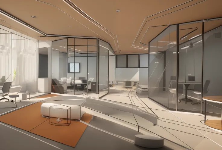 The office now has glass walls and carpets in the right colors, Rendering in VRAY, 3d ios room photo, raytraced 3d set design, Octane Ray Tracing, Sharp Focus Illustration Headquarters, a a digital renderinging, Vray tracking, Sharp Focus Headquarters, a d...