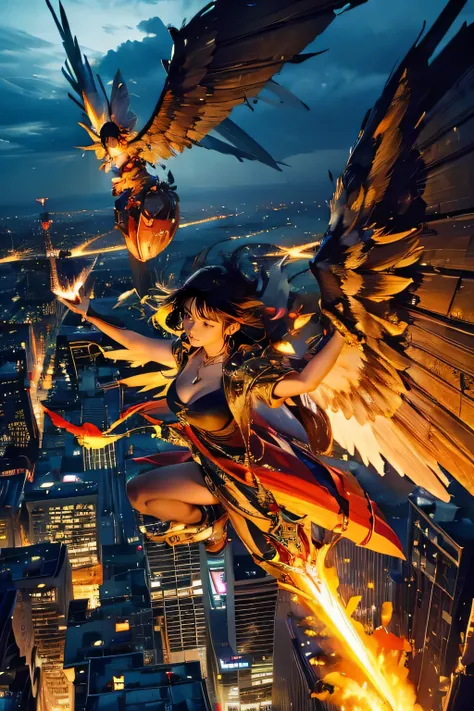 (mechanical), thunderstorm, having sword on fire, necklace on fire, (apocalypse), (flying above the city), huge angel, in the ci...