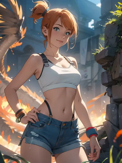 1girl, Misty from Pokémon, standing outdoors with a confident smile. Orange hair styled in a side ponytail, wearing denim shorts with suspenders, yellow crop top that shows off her midriff and navel. Yellow tank top. Cowboy shot posture exudes confidence a...