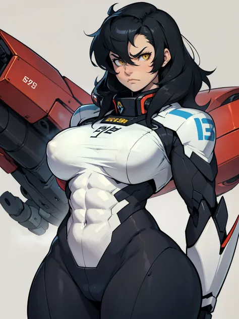 (((muscular girl thick large breats toned body))) sad frown girl black hair yellow eyes pale skin mecha mecha mecha mecha mecha mecha