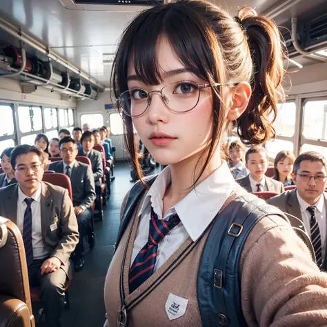 generate an kid 13 years old smiling, selfie, pov, short ponytail hair, side, wearing school uniform, glasses, inside bus, bus full with men standing arround her  , masterpiece, best quality:1.2),,(8k,highres,RAW photo,realistic,photo-realistic:1.3),(detai...