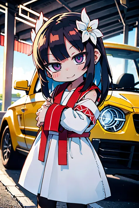 Octane Render、(Hyper-detailing: 1.15)、(Soft light、sharp: 1.2)、morning、Little girl posing in front of colorful EV in parking lot near beach, Traditional costumes、Distinctive ethnic hair ornaments、Unique ethnic calligraphy movie, F/4.0, masutepiece, Anatomic...