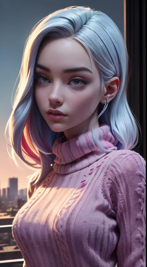 photo of Billie Eilish, RAW, beautiful woman, ((portrait)), ((detailed face:1.2)), ((detailed facial feature, detailed skin, clear skin), (perfect proportioned body), (wearing a colorful sweater) (high detailed city environment, apartment balcony), (realis...