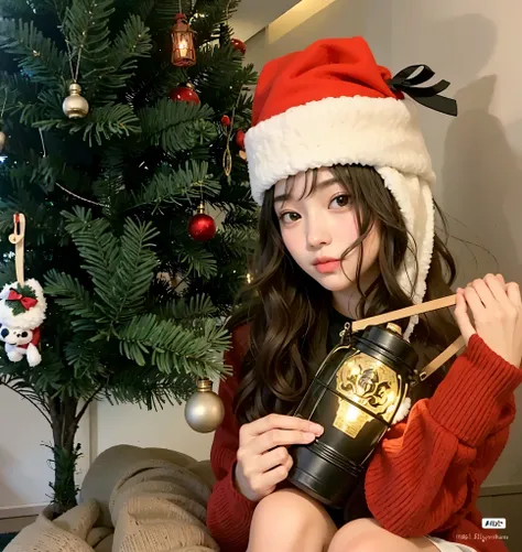 Araffe girl in Santa hat holding a lantern near a Christmas tree, ulzzang, Sakimichan, 8k)), ✨🕌🌙, 🕹️ 😎 🔫 🤖 🚬, 🤬 🤮 💕 🎀, Chiho, UWU, Foto de perfil, Hermosa Delphine, dilraba dilmurat, Sakimi Chan