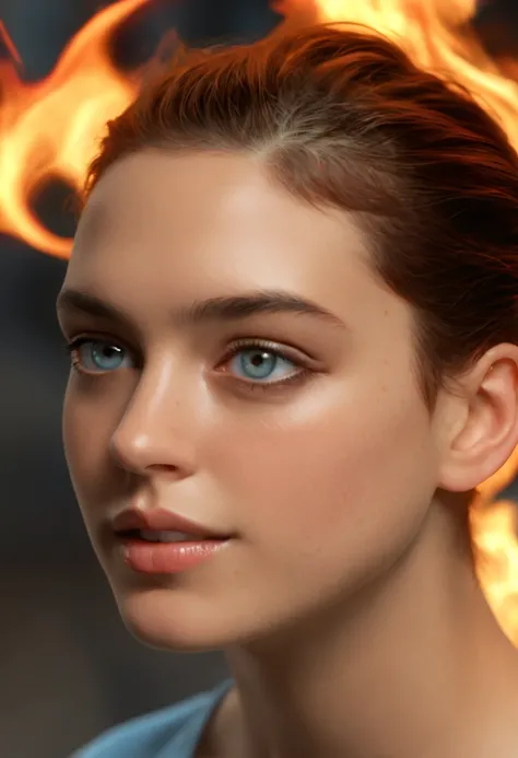 A girl with a mixed appearance, close-up of her face, rendered in Vray tracing style, inspired by Edward Cuker and Asai Miki, with a color palette of light silver and light blue. She is depicted as a fire woman, with short hair, captured from a low angle, ...