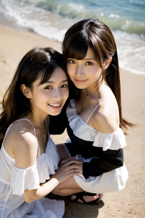 (8K、Raw photography、top-quality、tmasterpiece:1.2),(((Identical twin sisters,duo,stroking,On the beach))),、ultra - detailed、Hyper-Resolution、(hyper realisitc:1.4)、(Use a kiss you throw as a camera)above from、Camera taken from above、Shooting camera angles fr...