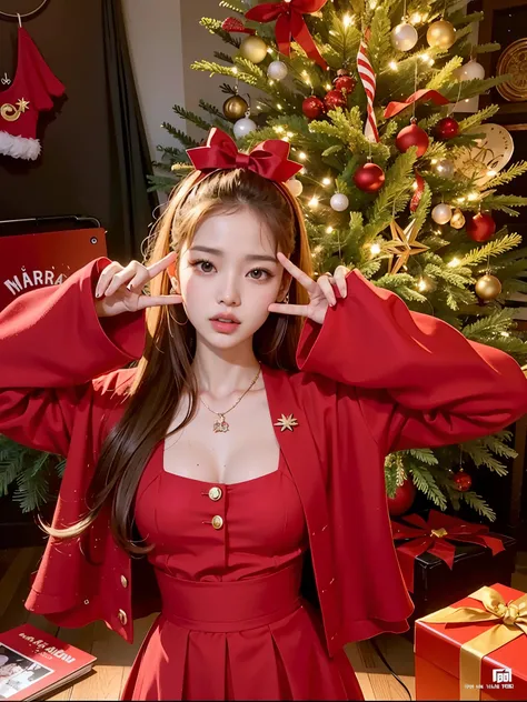 Araffe girl in red dress posing in front of a Christmas tree., Lalisa Manobal, tzuyu de dos veces, Parque Roseanne de Blackpink, Fanart, Jinyoung Shin, ✨🕌🌙, con un atuendo rojo, Jaeyeon Nam, con atuendo rojo, ulzzang, Ropa roja, Parque Ji-min, Heonhwa Choe