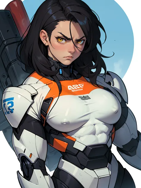 (((muscular girl thick large breats toned body))) sad frown girl black hair yellow eyes pale skin mecha mecha mecha mecha mecha mecha