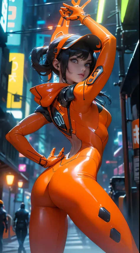 highest qualityr))、((obra maestra)、cyberpunked、large buttockss、arrodillarse、Electronic visor attached to the face of a 12-year-old girl with emphasis on the buttocks、Red latex body,Moda cyberpunk、Pose sexy、(Usar polainas amarillas en la parte inferior del ...