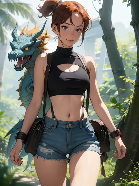 1girl, Misty from Pokémon, standing outdoors with a confident smile. Orange hair styled in a side ponytail, wearing denim shorts with suspenders, yellow crop top that shows off her midriff and navel. Yellow tank top. Cowboy shot posture exudes confidence a...