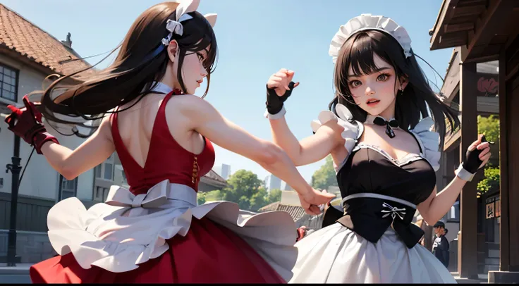 Two beautiful and adorable Japanese supermodel girls in cosplay costumes fight a man in a duel where the two girls have the upper hand, brutally lynching and abusing him.。、　A girl pincers a man, a girl in a maid costume from the front, and a girl in an ido...