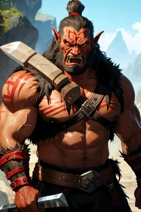 orc, man, warrior, using a bone ax in his hand, young, angry look, 8k