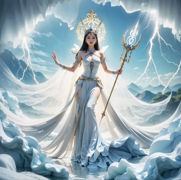 a woman in a blue dress holding a spear and a large white angel, devi wings, as a mystical valkyrie, cloud goddess, javanese mythology, female lord of change, portrait of modern darna, inspired by Rudy Siswanto, mystical atlantean valkyrie, goddess of love...