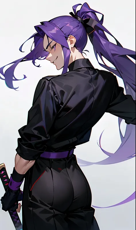 20 year old man wearing a tight black blouse with loose pants long purple hair tied in a ponytail with two swords on his back evil smile walking with his fists closed with two gloves on his hands