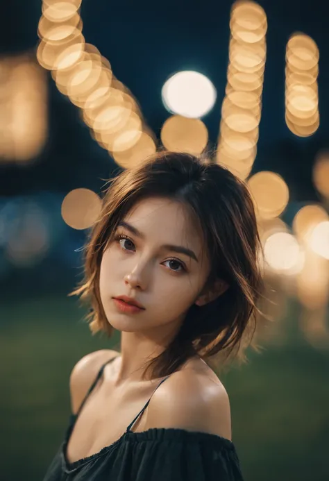 Aesthetic Portrait, 1fille,seulement, Cheveux courts, Bokeh, profondeur de champ, cinematic, nuit