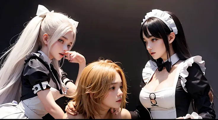 Two beautiful and adorable Japanese supermodel girls in cosplay costumes duel with a man, and the two girls unilaterally overpower them, brutally lynching and abusing them.。、　A maid girl and an idol girl hold a man in a suit between them, and the maid girl...