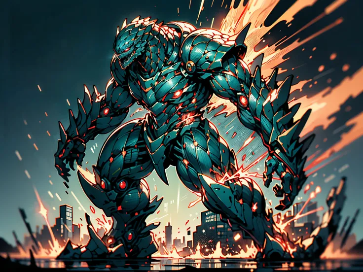 A high-tech combat armor suit inspired by Godzilla concept, Godzilla concept biotech battle armor, High-tech armored suits, psychedelic details, BiophyllTech, add electric power around, A bio-sensitive high-tech battle armor suit infused with Godzilla char...