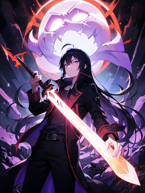 ember、Boy,独奏、a cool、30-years old、sword holding、A dark-haired、The long-haired、Black clothe、Viola、glares、ace length、Cool、emberらしい、Dark look、Violaのオーラ、The Darkness、Violaの光