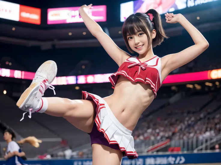 (a japanese girl:1.3), short-hair, Amazing face and eyes, Looking at the camera, Realistic、Very small outfit、Smile full of joy、sexy  pose、show teeth、Raise your hands high、Very small outfit、Cheerleader showing off her side:1.2)、Tummy is visible、Pants are vi...