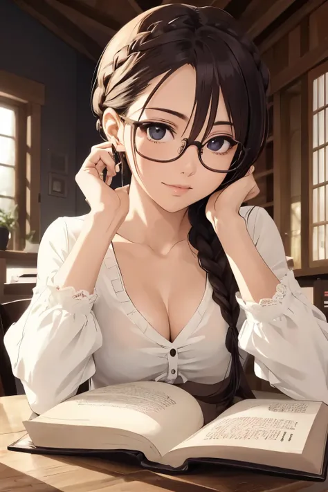 ((best quality)), ((master part)), (circunstanciado), rosto perfeito, garota de anime, loira, eyeglass, lendo livro, sipping coffee, braided low-cut blouse,