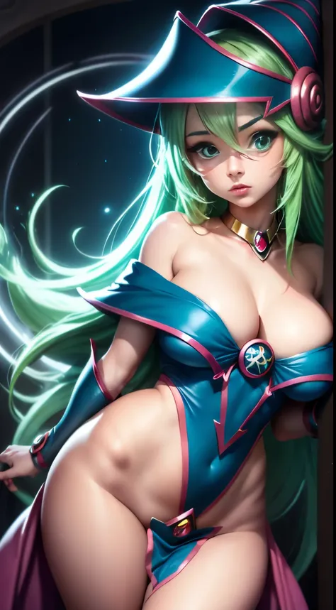 Hermosa joven dark magician gils con cabello rubio y ojos verdes、Anime style、small  boobs. Pose sujestiva y . Cara de inocencia cuerpo de pecado. Fondo de magia. Circulos magicos.