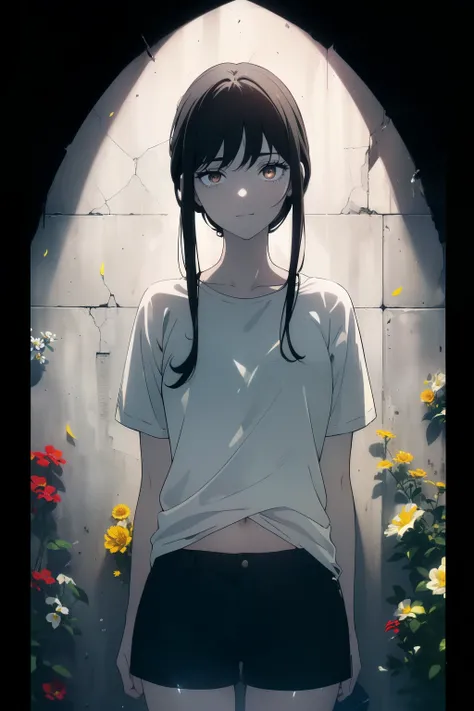 ((((Obra maestra, La mejor calidad, ultrahigh resolution)))), 1girl, standing, ((baggy white t-shirt, loose fitting blue shorts, black hair, dark black hair)), long hair cut, pale skin, ((brown eyes)), (glowing_eyes, luminescent eyes), (ultra detailed eyes...