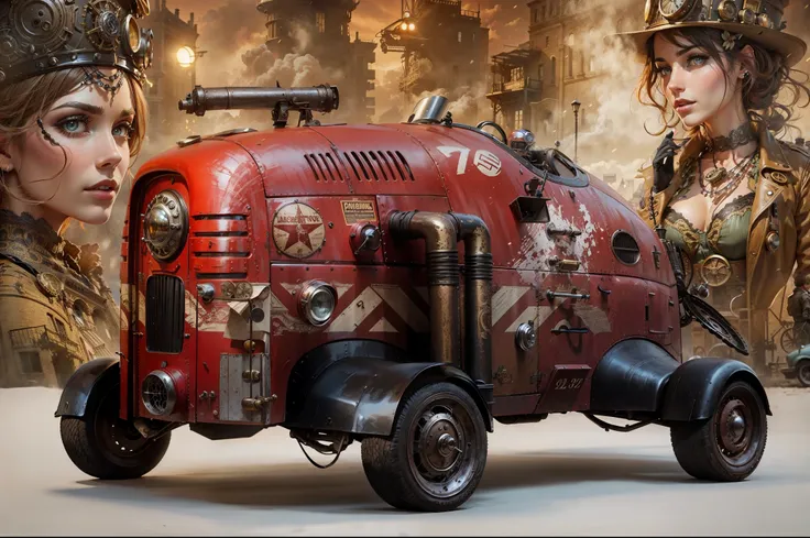 Vintage racing car flying in the foreground with two beautiful steampunk women in the background in front of steampunk buildings