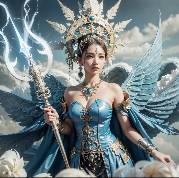 a woman in a blue dress holding a spear and a large white angel, devil wings, flying on the clouds, xlouds, as a mystical valkyrie, cloud goddess, javanese mythology, female lord of change, portrait of modern darna, inspired by Rudy Siswanto, mystical atla...