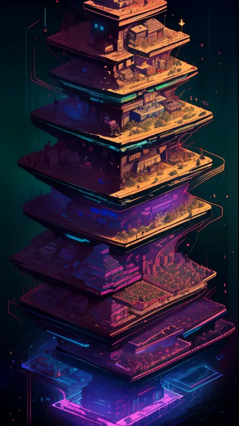 ((best quality)), ((master part)), (altamente detalhado:1.3), ....3d,(isometric:1.4),Sem humanos,StackedCityAI, Bem-vindo ao NeoCircuit, a sprawling megacity where neon-lit skyscrapers pierce the night sky and luminescent circuits weave every facet of life...