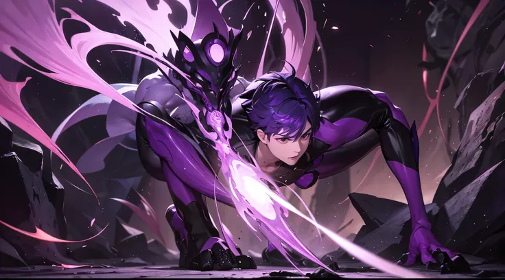 Boy with purple aura around him in a fight with a humanoid mutant ant that also has a red aura, el combate de desarrrolla en una mazmorra y hay muchos no muertos con armaduras de aura purpura