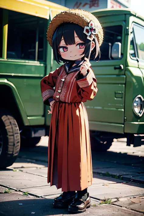 Octane Render、(Hyper-detailing: 1.15)、(Soft light、sharp: 1.2)、morning、Little girl posing in front of colorful EV in parking lot near beach, Traditional costumes、Distinctive ethnic hair ornaments、Unique ethnic calligraphy movie, F/4.0, masutepiece, Anatomic...