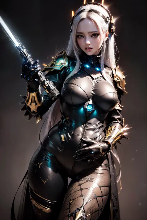 Arknights girl (masterpiece), best quality, expressive eyes, (((in hyper realistic and detailed neon-lit sci-fi plugsuit black, white & golden armor, aethereal aesthetic style))) beauty korean idoll, intricate perfect beauty cute face, detailed sharp eyes,...