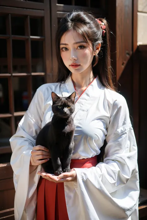 Black cat with crimson eyes wearing black Hanfu