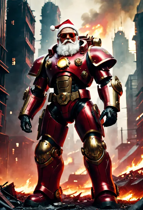 Warhammer 40K universe，santa，Red gold armor mechanical suit，shiny red sunglasseierce war environment，Destroyed buildings and flames，The background is a futuristic cityscape，santa帽子，severe and threatening atmosphere，Sci-fi cyberpunk aesthetics，High contrast...