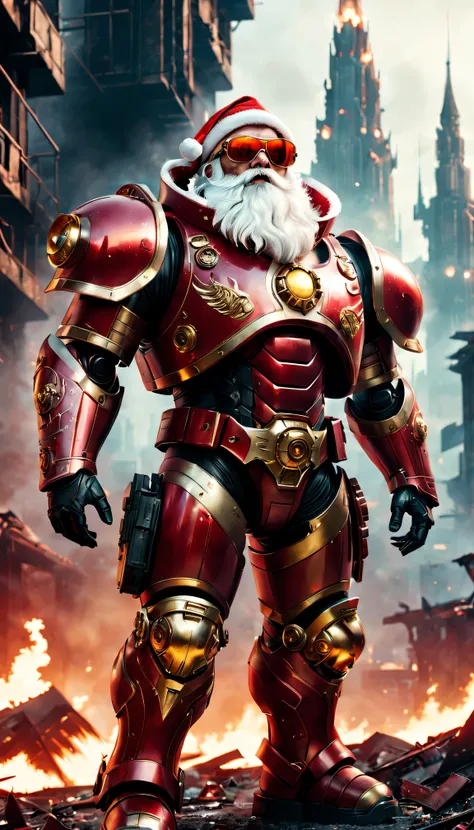 Warhammer 40K universe，santa，Red gold armor mechanical suit，shiny red sunglasseierce war environment，Destroyed buildings and flames，The background is a futuristic cityscape，santa帽子，severe and threatening atmosphere，Sci-fi cyberpunk aesthetics，High contrast...