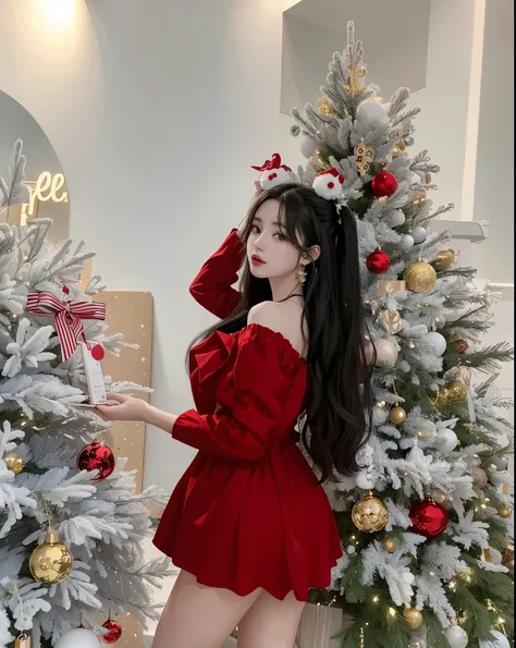 a close up of a woman en un vestido rojo near a christmas tree, Bae Suzy, en un vestido rojo, con vestido rojo, Chica lleva un vestido rojo, con un vestido rojo, vestido de terciopelo rojo, con un atuendo rojo, 🤬 🤮 💕 🎀, Tohsaka also., dilraba dilmurat, Jae...