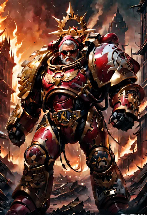 Warhammer 40K universe，santa，Red gold armor mechanical suit，shiny red sunglasseierce war environment，Destroyed buildings and flames，The background is a futuristic cityscape，santa帽子，severe and threatening atmosphere，Sci-fi cyberpunk aesthetics，High contrast...