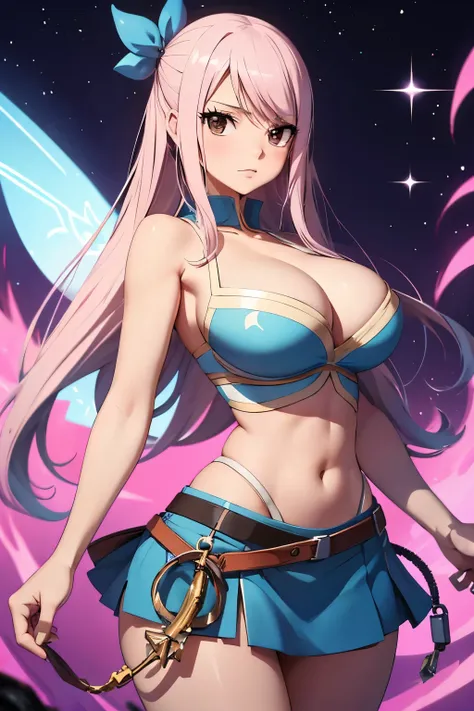 anime fairy tail, personaje lucy hearfilia, pelo rubio, rostro hermoso, pecho grande, trasero grande, curvaceous body, calidad, ...