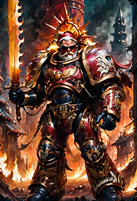 Warhammer 40K universe，Knight Armor Santa Claus，Red gold armor mechanical suit，Santa hat，shiny red sunglasseierce war environment，Armed with a flaming sword，Destroyed buildings and flames，The background is a futuristic cityscape，severe and threatening atmo...