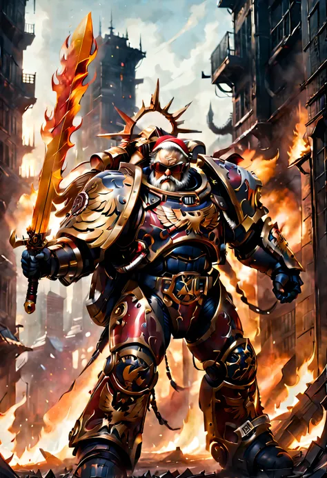 Warhammer 40K universe，Knight Armor Santa Claus，Red gold armor mechanical suit，Santa hat，shiny red sunglasseierce war environment，Armed with a flaming sword，Destroyed buildings and flames，The background is a futuristic cityscape，severe and threatening atmo...
