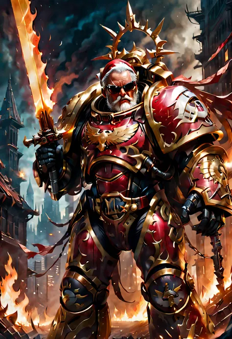 Warhammer 40K universe，Knight Armor Santa Claus，Red gold armor mechanical suit，Santa hat，shiny red sunglasseierce war environment，Armed with a flaming sword，Destroyed buildings and flames，The background is a futuristic cityscape，severe and threatening atmo...