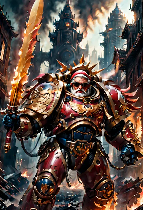 Warhammer 40K universe，Knight Armor Santa Claus，Red gold armor mechanical suit，Santa hat，shiny red sunglasseierce war environment，Armed with a flaming sword，Destroyed buildings and flames，The background is a futuristic cityscape，severe and threatening atmo...
