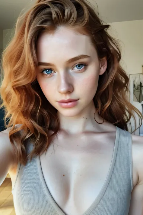 1girl in, age19, Solo, Aesthetic artwork, irish, wavy ginger hair, shoulder length hair, gray eyes, light grey eyes, pale skin, A-cup, small breasts, runners body, (textured skin, skin pores:1.1), goosebumps, taking a close-up selfie photo while wearing a ...