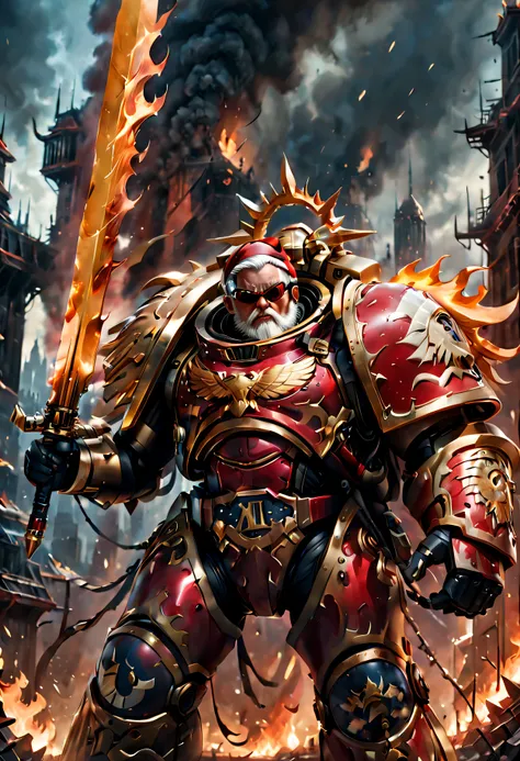 Warhammer 40K universe，Knight Armor Santa Claus，Red gold armor mechanical suit，Santa hat，shiny red sunglasseierce war environment，Armed with a flaming sword，Destroyed buildings and flames，The background is a futuristic cityscape，severe and threatening atmo...