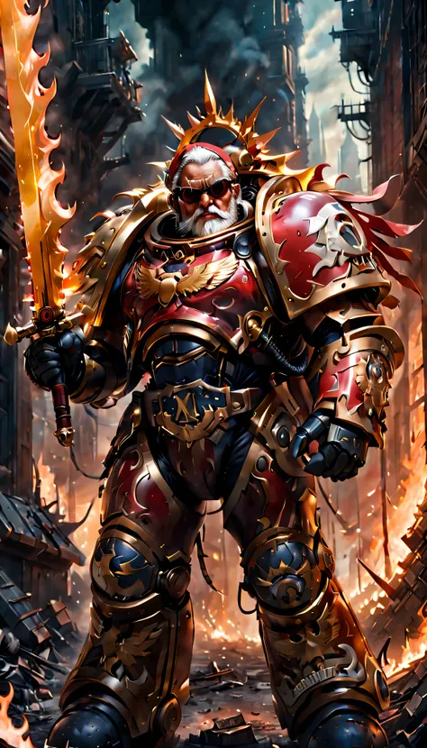 Warhammer 40K universe，Knight Armor Santa Claus，Red gold armor mechanical suit，Santa hat，shiny red sunglasseierce war environment，Armed with a flaming sword，Destroyed buildings and flames，The background is a futuristic cityscape，severe and threatening atmo...