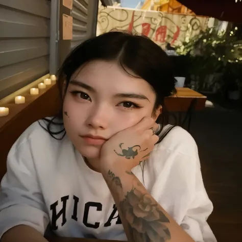 hay una mujer con un tatuaje en el brazo sentada en una mesa, 18 years old, Imagen de perfil, foto de perfil, of taiwanese girl con tatuajes, she Parece una mezcla de grimes, 2 2 years old, con tatuajes, 21-year-old, Asian girl, 1 6 years, Gemma Chen, Pare...