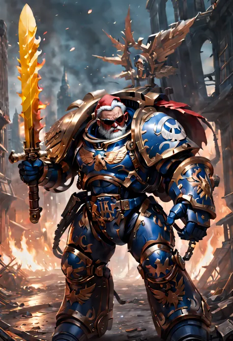 Warhammer 40K universe，Knight Armor Santa Claulue gold armor mechanical suit，Santa hat，shiny red sunglasseierce war environment，Armed with a flaming sword，Destroyed buildings and flames，The background is a futuristic cityscape，severe and threatening atmosp...